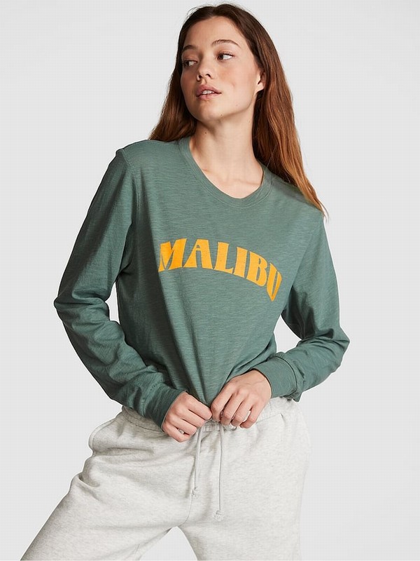 Green Victoria Secret Fresh Forest Cotton Slub Cropped Boxy Long Sleeve T Shirts | XUSYC1253