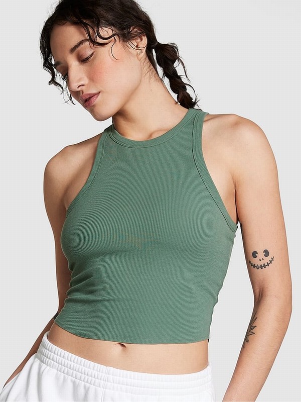 Green Victoria Secret Fresh Forest High Neck Shrunken Rib Tops | AYKPX9486