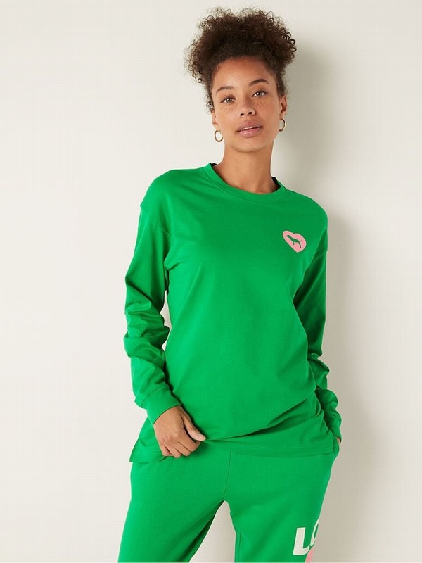 Green Victoria Secret Happy Camper Long Sleeve T Shirts | JPAVE0615