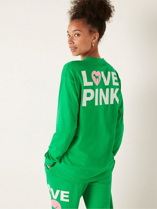 Green Victoria Secret Happy Camper Long Sleeve T Shirts | JPAVE0615