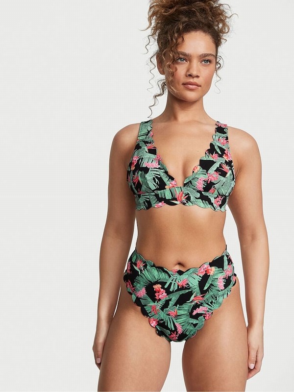 Green Victoria Secret Tropical Palm Halter Scallop Plunge Bikini Top | FDAXW4582