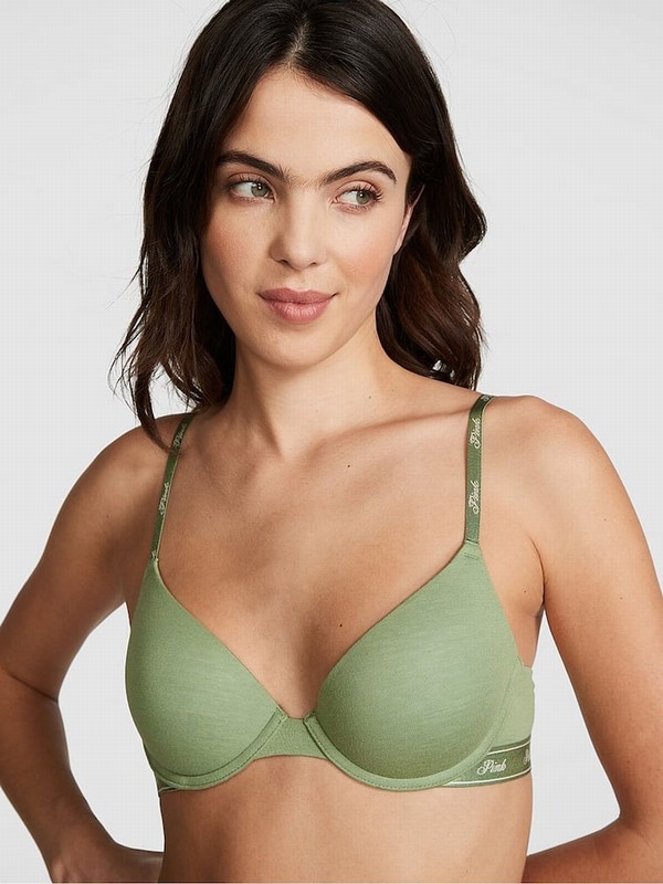 Green Victoria Secret Wild Grass Push Up Cotton Logo Bras | YBXHC1347