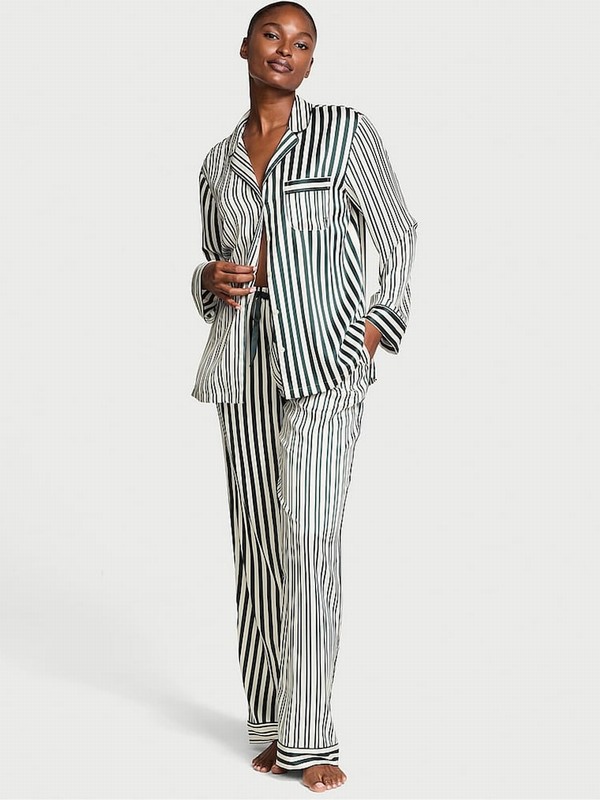 Green / Stripes Victoria Secret Botanical Iconic Satin Long Nightwear | TEKMZ1426