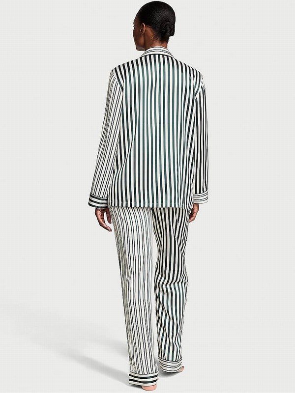 Green / Stripes Victoria Secret Botanical Iconic Satin Long Nightwear | TEKMZ1426