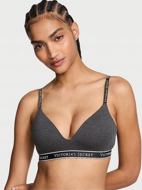 Grey Victoria Secret Charcoal Heather Logo Strap Non WiLightly Lined Bras | EOLTY3214