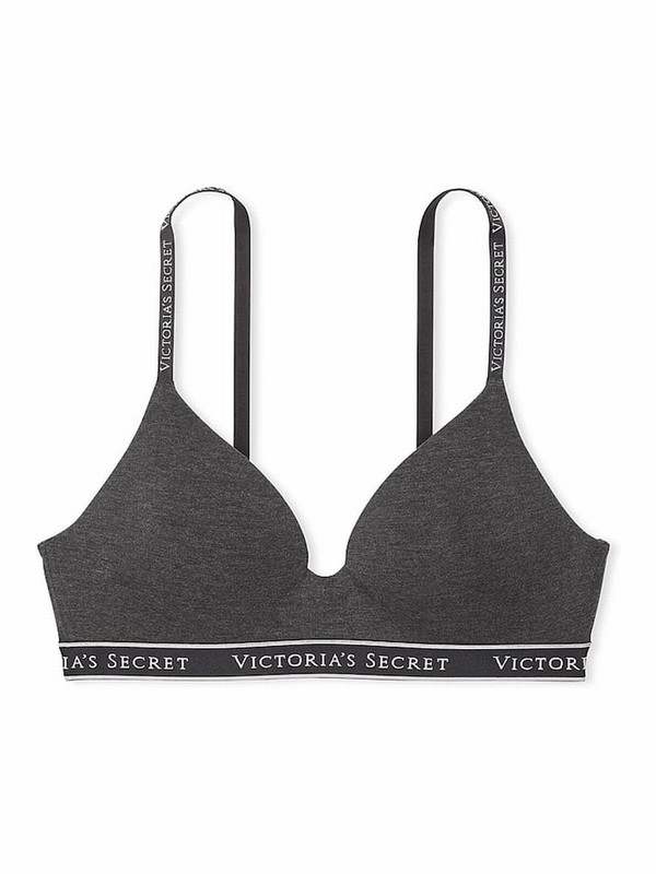 Grey Victoria Secret Charcoal Heather Logo Strap Non WiLightly Lined Bras | EOLTY3214