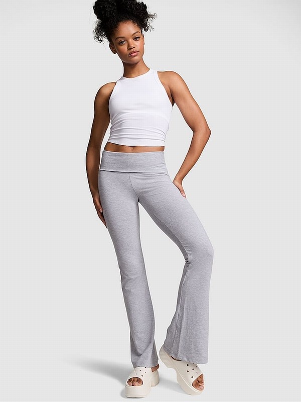 Grey Victoria Secret Heather Charcoal Diamante Cotton Foldover Flare Leggings | WAUSK8792