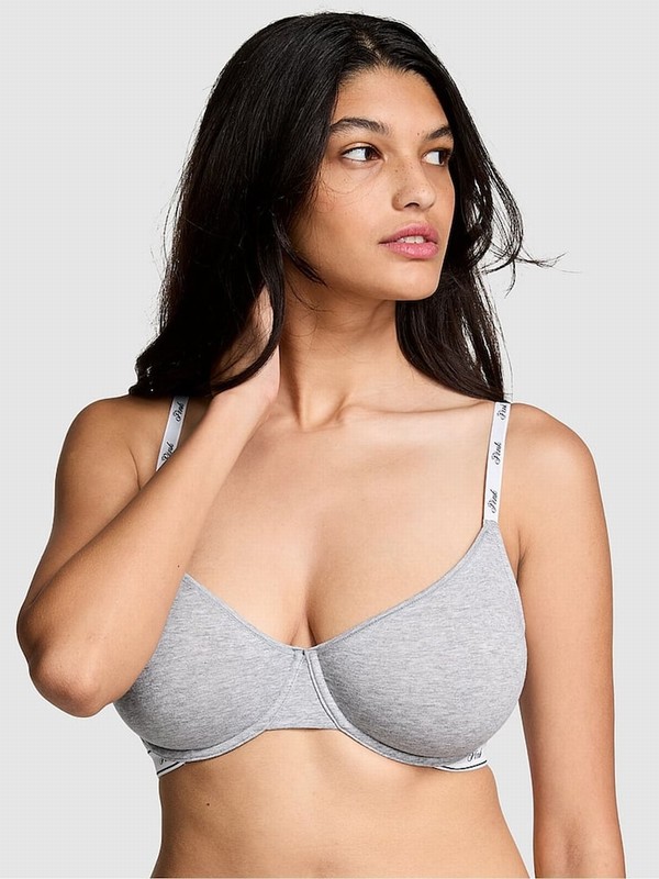 Grey Victoria Secret Heather Cotton Logo Unlined Scoop Bras | LKCEZ0352