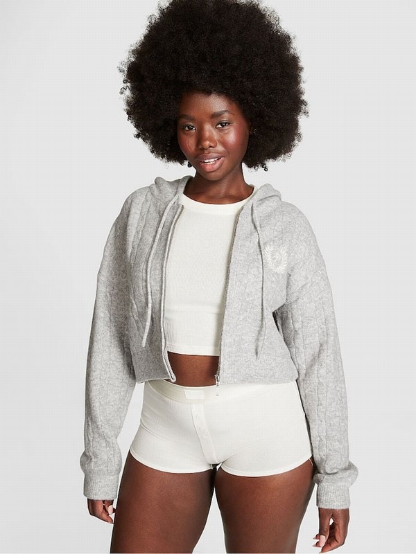 Grey Victoria Secret Heather Full Zip Cable Knit Hoodie | GUFTB4582