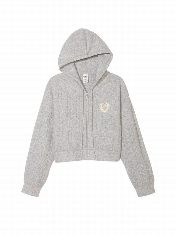 Grey Victoria Secret Heather Full Zip Cable Knit Hoodie | GUFTB4582
