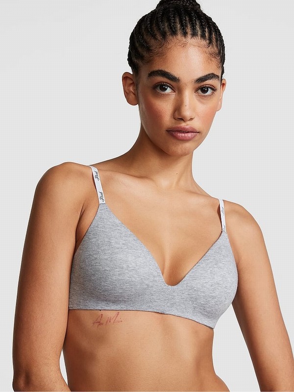 Grey Victoria Secret Heather Non WiLightly Lined Cotton Logo Bras | LFBMV9364