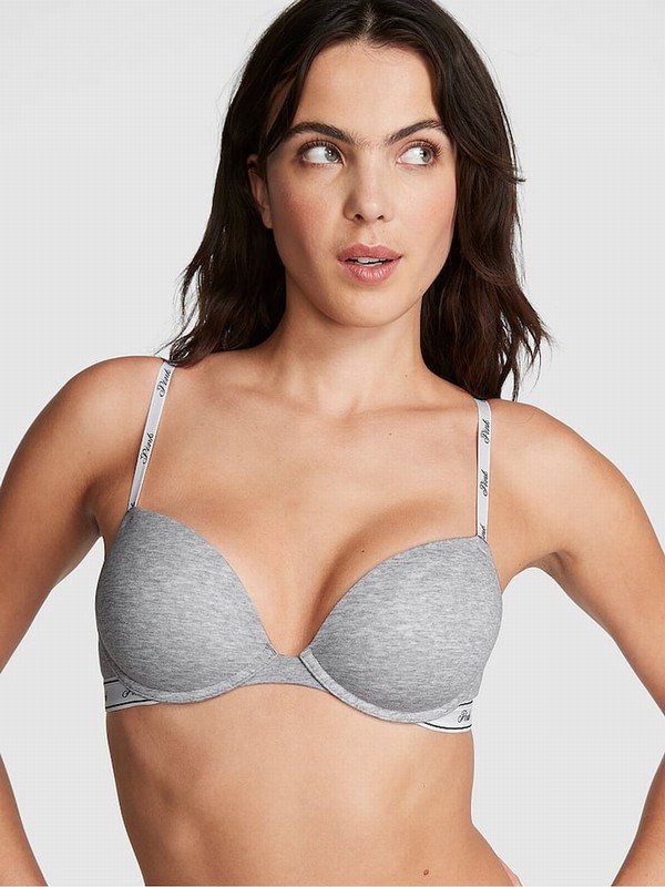 Grey Victoria Secret Heather Super Push Up Cotton Logo Bras | IRALF7831