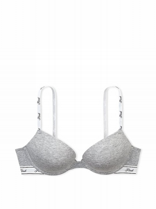Grey Victoria Secret Heather Super Push Up Cotton Logo Bras | IRALF7831