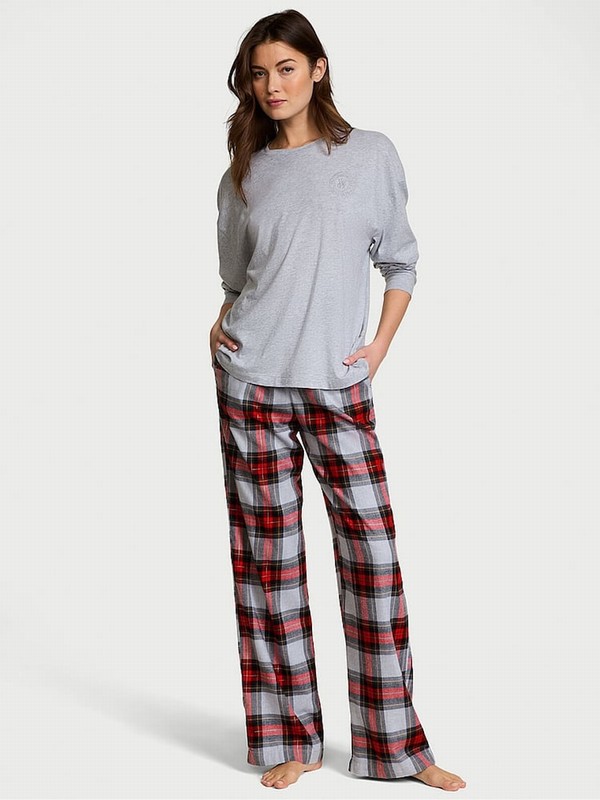 Grey Victoria Secret Heather Tartan Plaid Long Sleeve Flannel Nightwear | LMOBF3546