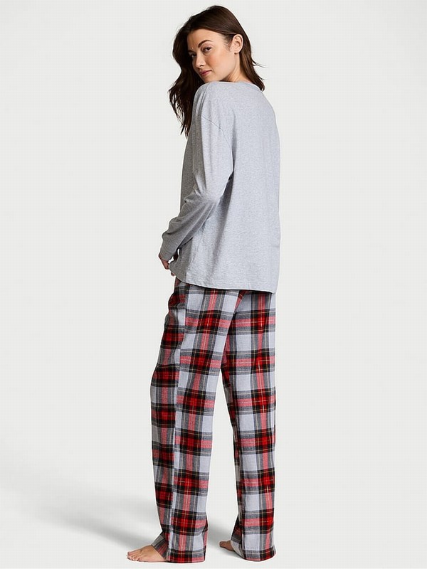 Grey Victoria Secret Heather Tartan Plaid Long Sleeve Flannel Nightwear | LMOBF3546