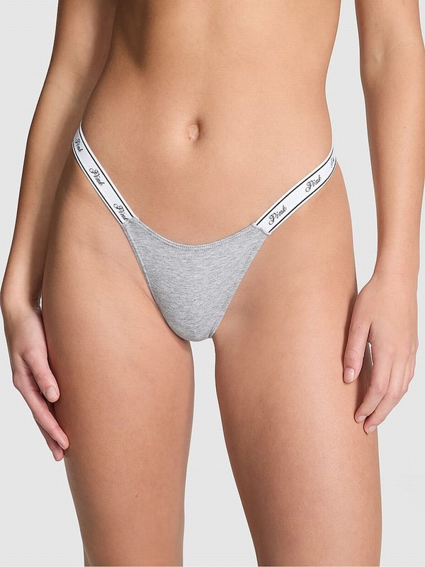 Grey Victoria Secret Medium Heather Cotton Logo Mini Scoop Thong Underwear | UOQIJ4728