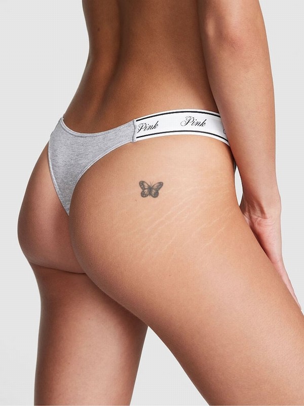 Grey Victoria Secret Medium Heather Cotton Logo Scoop Thong Underwear | WDSQV4082