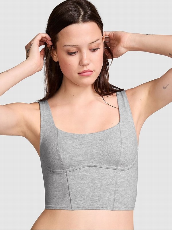 Grey Victoria Secret Medium Heather Cotton Scoop Top Sports Bra | AJTYQ5213
