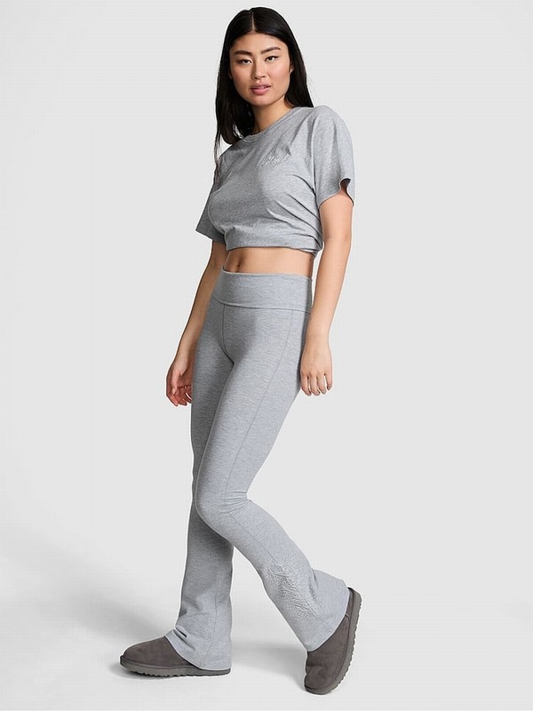 Grey Victoria Secret Medium Heather Diamante Cotton Foldover Flare Leggings | YNFWK3892