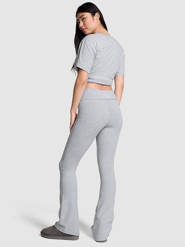 Grey Victoria Secret Medium Heather Diamante Cotton Foldover Flare Leggings | YNFWK3892