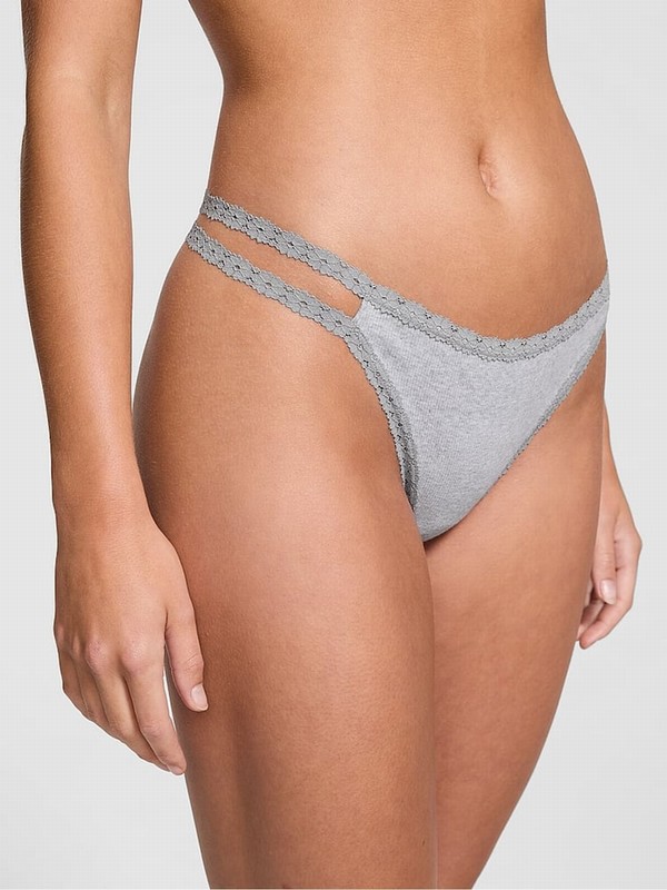 Grey Victoria Secret Medium Heather Lace Trim Rib Strappy Thong Underwear | AIDMO5407