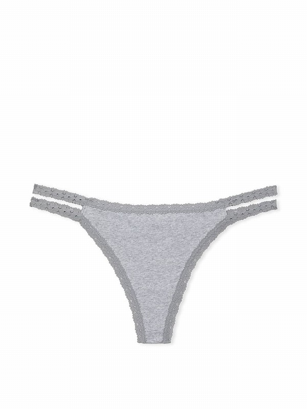 Grey Victoria Secret Medium Heather Lace Trim Rib Strappy Thong Underwear | AIDMO5407