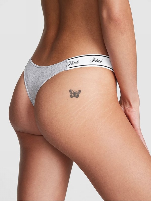 Grey Victoria Secret Medium Heather Thong Cotton Logo Underwear | JEPLT2643