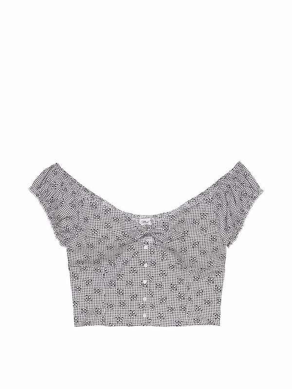 Grey Victoria Secret Midnight Meadow Satin Frankies Marilyn Satin Sleeve Crop Top Tops | AQBZT9508