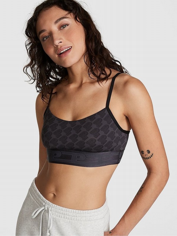 Grey Victoria Secret Warm Charcoal Logo Non WiLightly Lined Low Impact Sports Bra | VHSQX4971