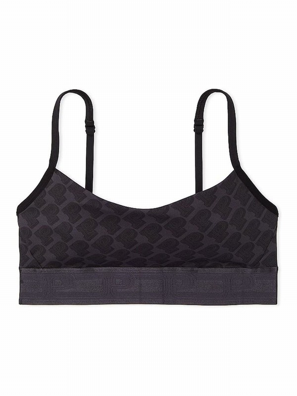 Grey Victoria Secret Warm Charcoal Logo Non WiLightly Lined Low Impact Sports Bra | VHSQX4971
