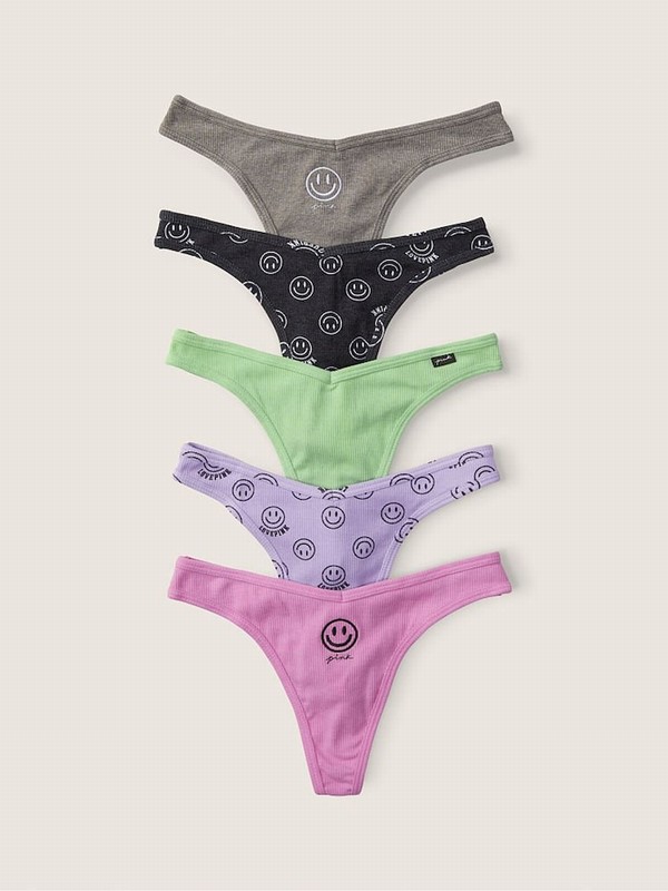 Grey / Purple / Green Victoria Secret Smiley Thong Cotton Multipack Underwear | CDMIJ2061