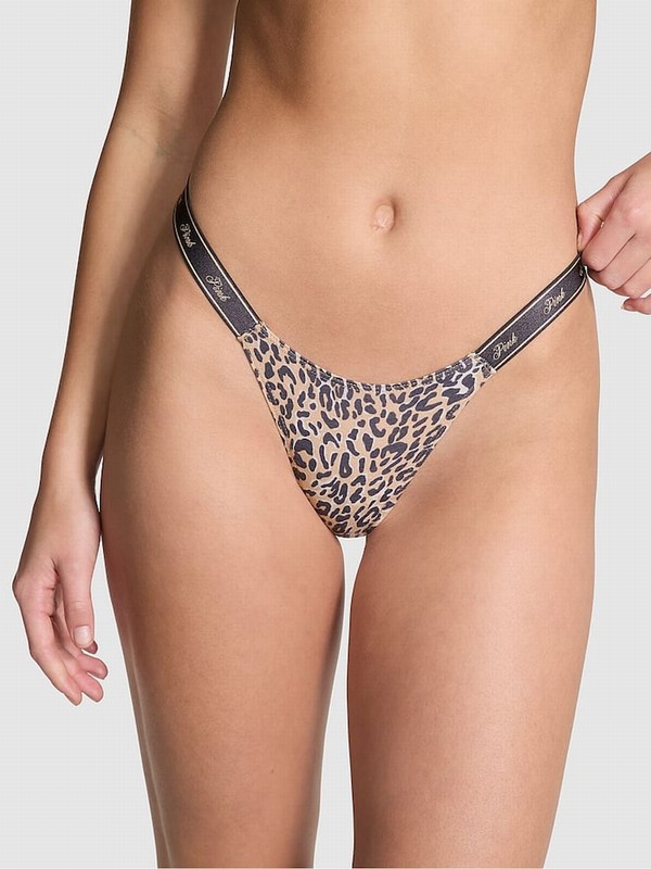 Leopard / Brown Victoria Secret Cotton Logo Mini Scoop Thong Underwear | EAHLB5489