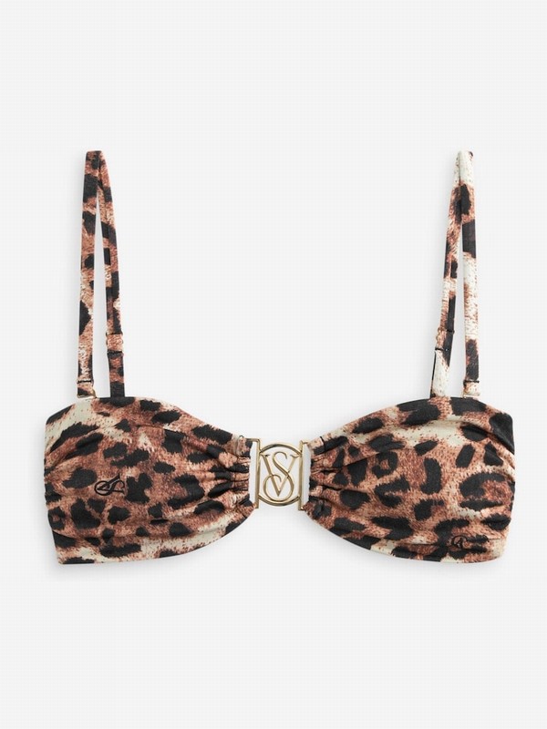 Leopard / Brown Victoria Secret Logo Hardware Bandeau Bikini Top | UMYQD9182