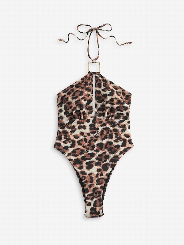 Leopard / Brown Victoria Secret Tummy Control Halterneck Logosuit Swimsuits | NCTYE0192