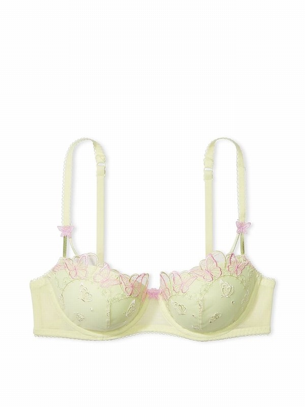 Light Green Victoria Secret Lime Push Up EmbroideButterfly Lace Bras | YNBIJ8032