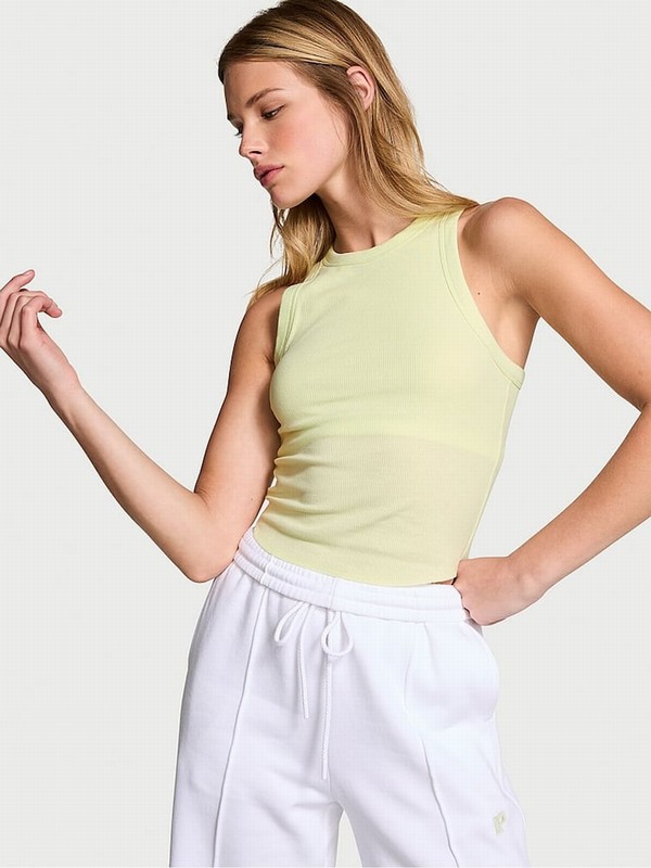 Light Green / Cream / Green Victoria Secret Lime Cream High Neck Shrunken Rib Tops | OZDBI9217