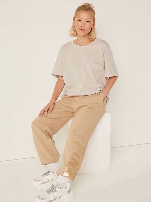 Light Yellow / Cream Victoria Secret Vanilla Bean Shine Cream Logo Sleeve T Shirts | XZQRL3275