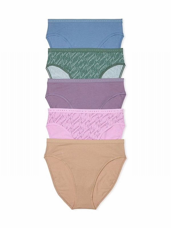 Multicolor Victoria Secret BlueGreenPurplePinkNude Brief Logo 5 Pack Underwear | DFMBN0198