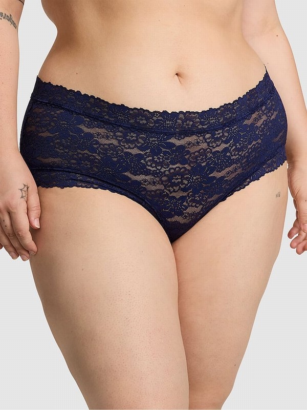 Navy / Blue Victoria Secret Midnight Cheeky Floral Lace Underwear | CLHQO4520