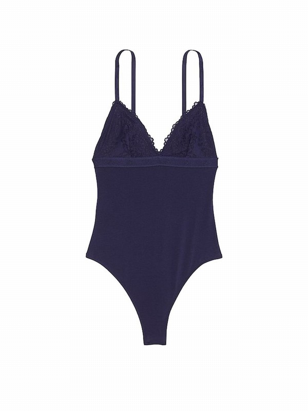 Navy / Blue Victoria Secret Midnight Eyelet Lace Cupped Sleep Bodysuit Lingerie | MRYGC8109
