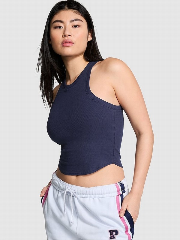 Navy / Blue Victoria Secret Midnight High Neck Shrunken Rib Tops | YHQLR5714