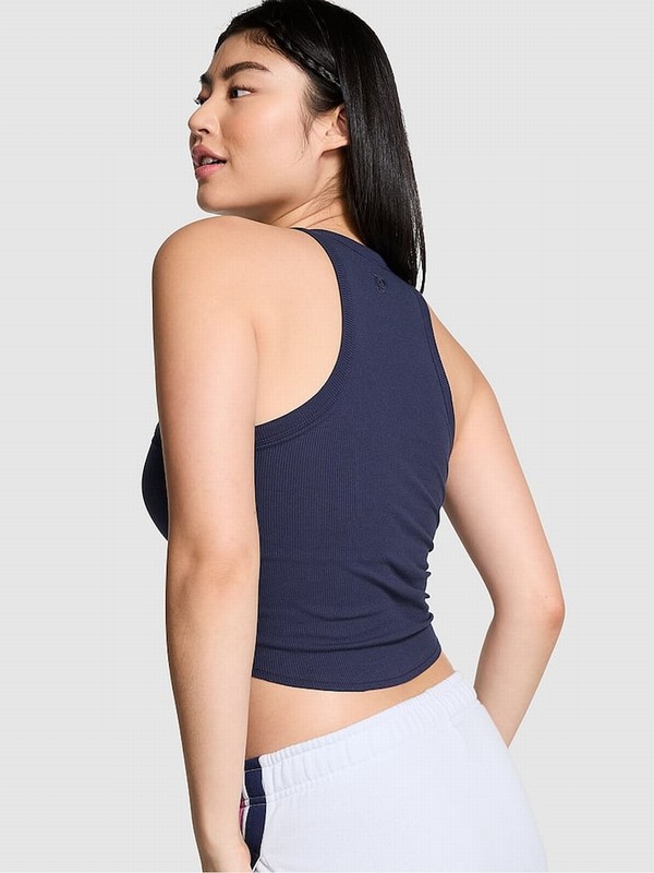 Navy / Blue Victoria Secret Midnight High Neck Shrunken Rib Tops | YHQLR5714