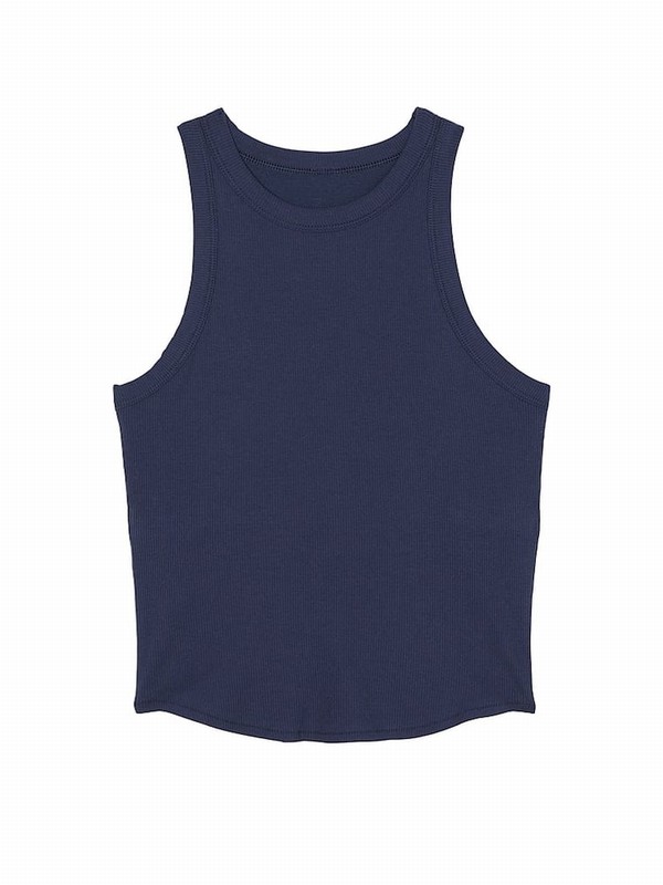 Navy / Blue Victoria Secret Midnight High Neck Shrunken Rib Tops | YHQLR5714