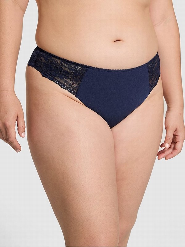 Navy / Blue Victoria Secret Midnight Lace Trim Thong No Show Underwear | KPWRF0153