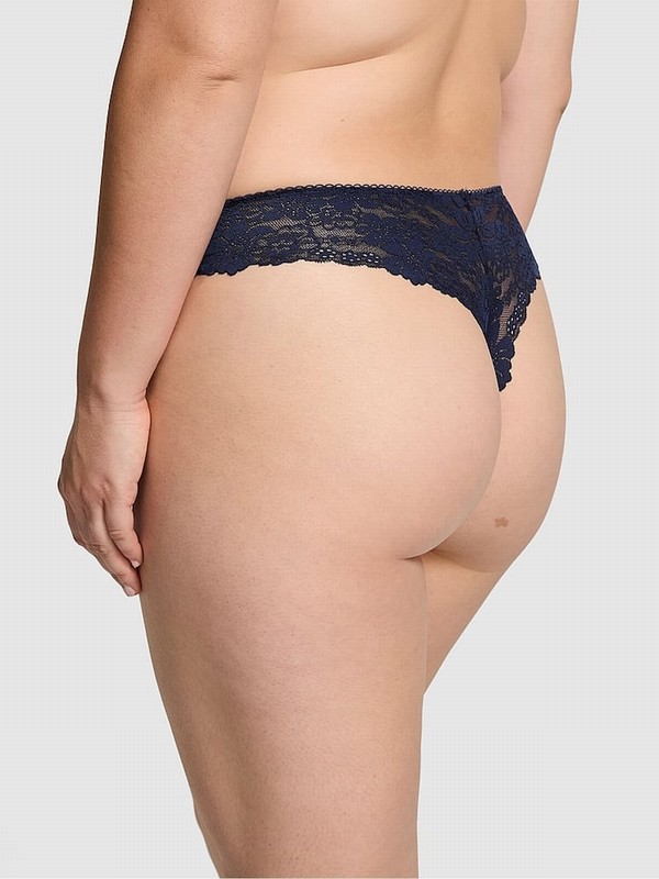 Navy / Blue Victoria Secret Midnight Lace Trim Thong No Show Underwear | KPWRF0153