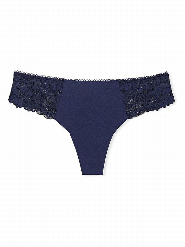 Navy / Blue Victoria Secret Midnight Lace Trim Thong No Show Underwear | KPWRF0153