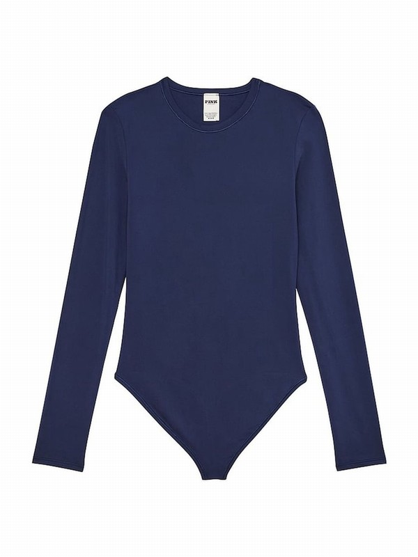 Navy / Blue Victoria Secret Midnight Long Sleeve Soft Stretch Bodysuit Lingerie | QWVXI5763