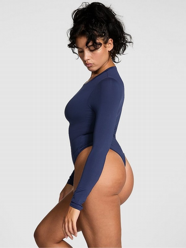 Navy / Blue Victoria Secret Midnight Long Sleeve Soft Stretch Bodysuit Tops | SJQCA1978
