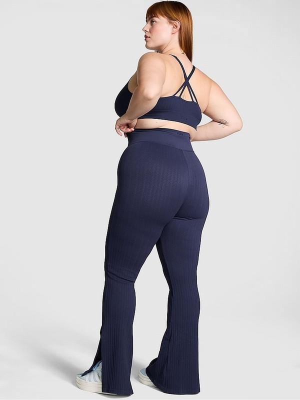 Navy / Blue Victoria Secret Midnight Seamless Cable Knit High Waist Flare Leggings | YNRHC3728
