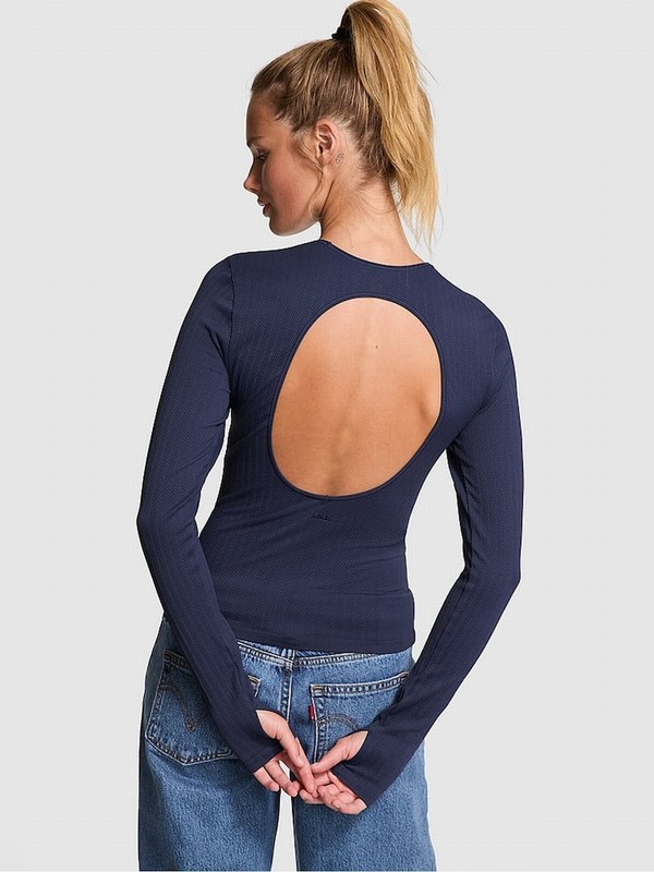 Navy / Blue Victoria Secret Midnight Seamless Cable Knit Long Sleeve T Shirts | HDUFA2501